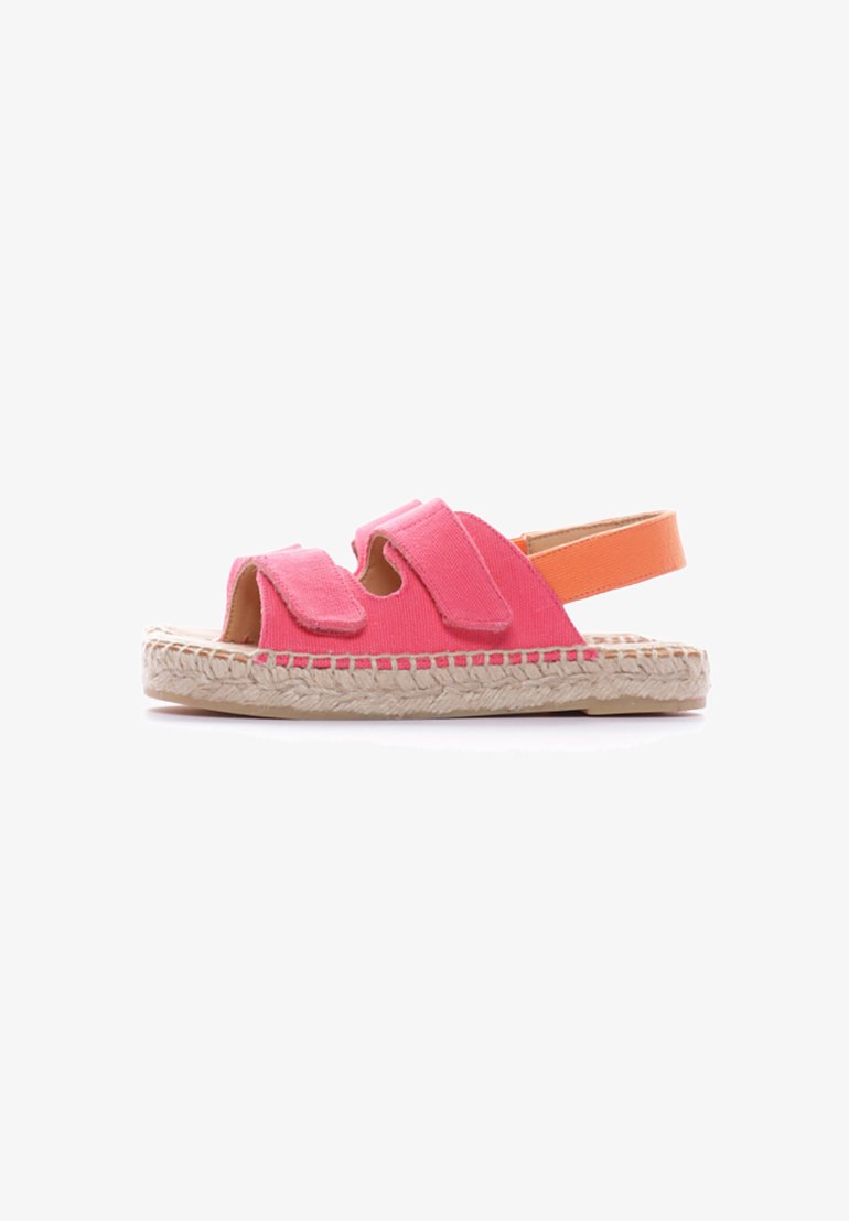 Infradito rosa in tela con due fasce regolabili in velcro, suola in juta stile espadrilles e una fascia posteriore in elastico arancio.
