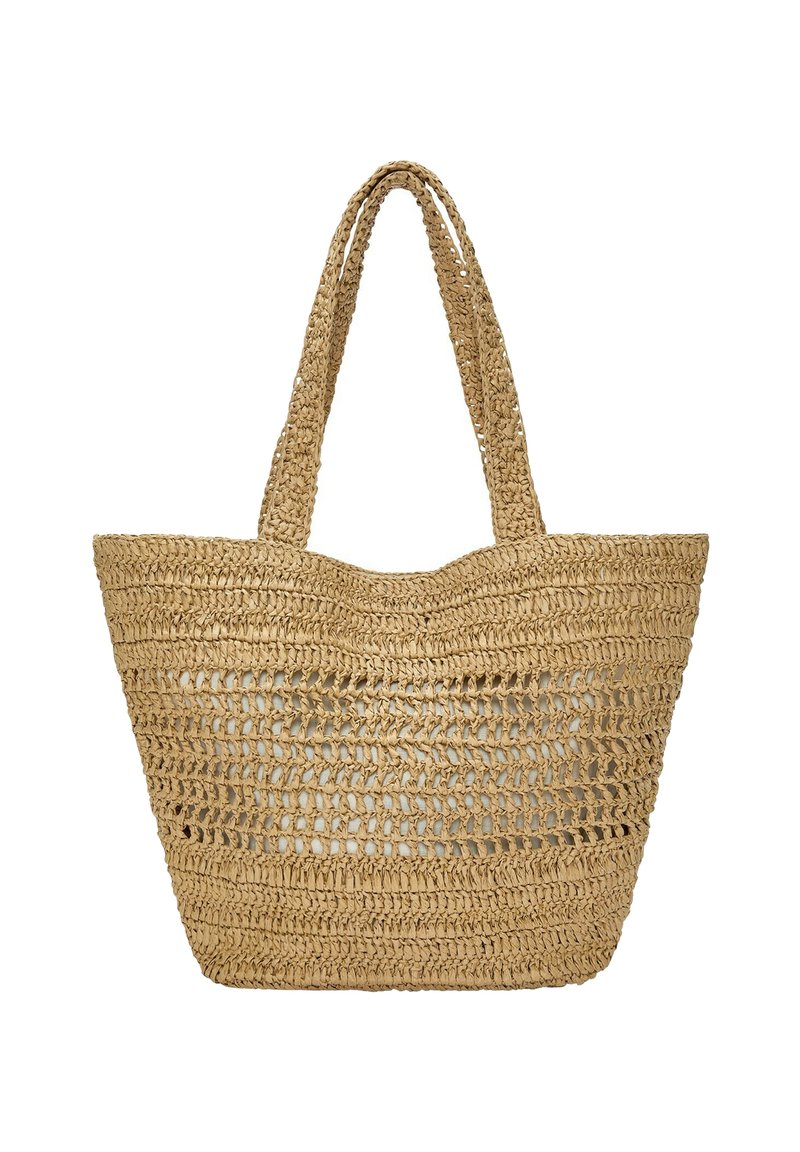 Geflochtene Strohtasche in einem natürlichen Beigeton mit zwei stabilen Griffen, ausgestattet mit einem offenen Webdesign und einem geräumigen Innenraum.