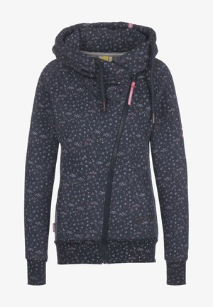 Sudadera con capucha azul marino con cremallera, pequeños estampados náuticos en rosa y blanco, cremallera asimétrica, capucha con cordón y puños y bajo acanalados.