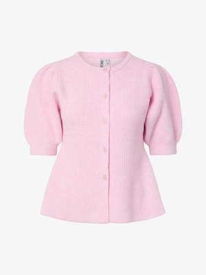 Zacht roze geribbelde cardigan met opgeblazen korte mouwen en knopen aan de voorkant, getailleerd in de taille, gemaakt van pluizige gebreide stof.