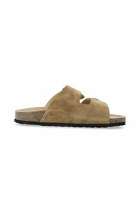 Beige Wildleder-Sandalen mit Korksohle, die ein breites Oberdesign mit Ausschnitten und einer strukturierten Oberfläche aufweisen. Schwarze Gummisohle.
