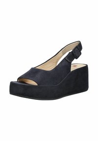 Námořnické semišové klínové sandály s otevřenou špičkou a nastavitelným řemínkem na kotníku, které mají hladkou koženou stélku a platformovou podrážku.