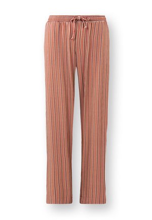 Gestreifte weite Hosen aus weichem Stoff mit einem Kordelzugbund in erdigen Tönen von Rost, Creme und Hellbraun mit subtiler Textur.