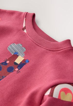 Rožinis sportinis megztinis su raištuotu apykakle, ant kurio yra žaismingas gyvūnų grafikos dizainas ir spalvingi akcentai ant rankovių bei kūno.