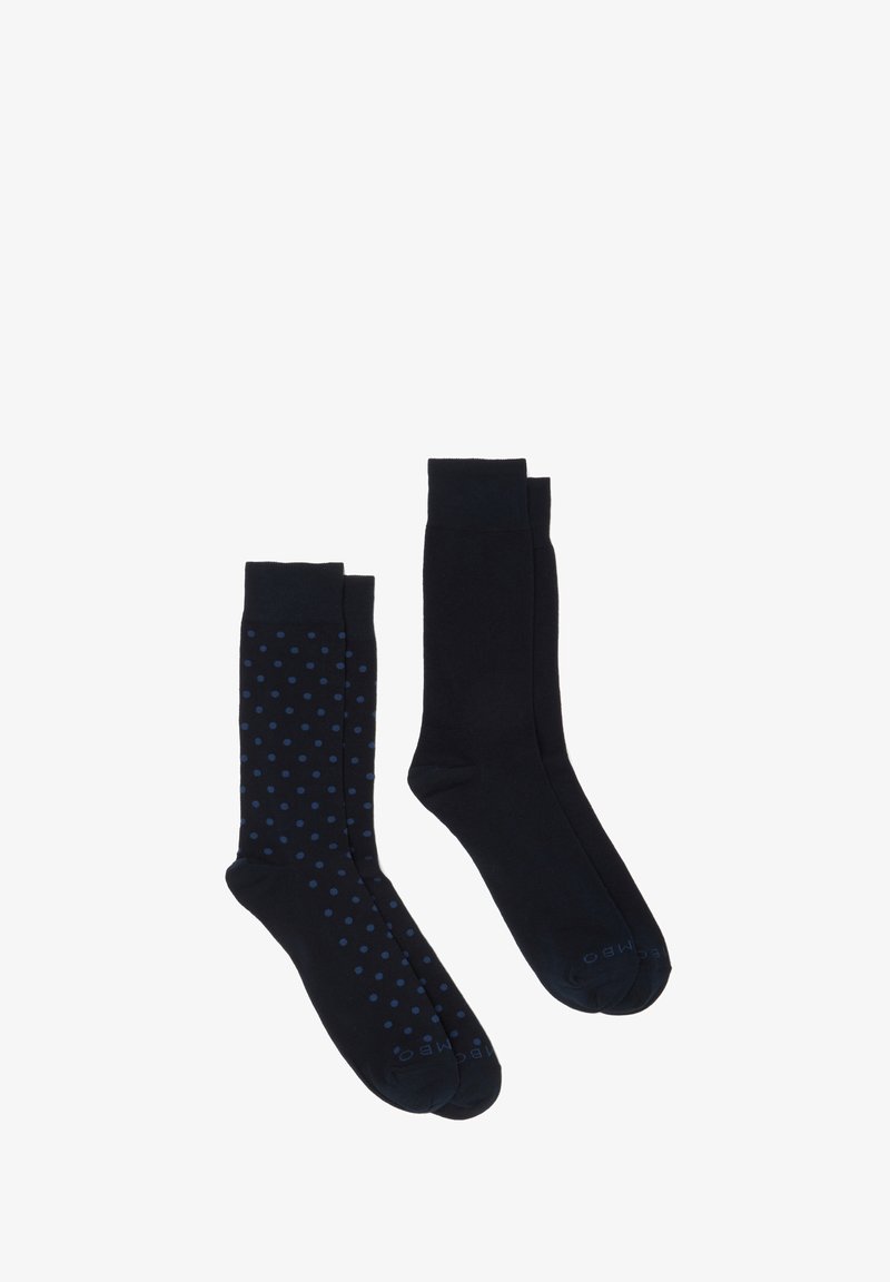 Due paia di calzini blu scuro; uno solido e l'altro con un motivo a pois blu. Materiale in cotone misto con polsini rinforzati.