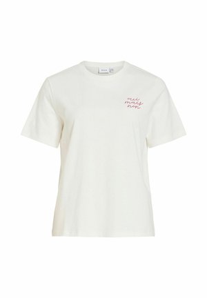 T-shirt blanc à manches courtes et col rond avec un petit texte rouge en écriture cursive « oui mais non » sur le côté gauche de la poitrine.