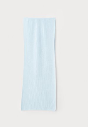 Light blue knitted rectangular scarf laid flat on a white background, showing fine ribbed texture.