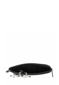 Portefeuille noir à fermeture éclair avec une texture lisse, présentant des éléments en métal argenté et des accents de porte-clés, conçu dans une forme plate et allongée.