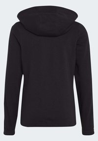 Černá mikina s kapucí na šňůrku, dlouhými rukávy a měkkou texturou. Jednoduchý design, bez vzorů nebo ozdob. Zobrazeno ze zadní strany.