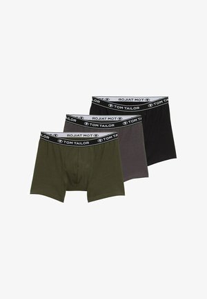 Három pár férfi boxer alsó, olíva zöld, sötétszürke és fekete színben. Puha anyag, fekete derékpánttal, amelyen a "TOM TAILOR" logó látható.