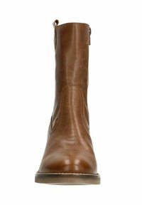 Braune Leder-Ankle-Boots mit glatter Oberfläche, runder Zehenpartie, seitlichen elastischen Einsätzen und flacher Sohle. Hat minimale Nähedetails.