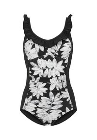 Svart baddräkt med en bit som har vit botanisk tryck, volangkrage och sidopaneler för en figurnära silhuett.