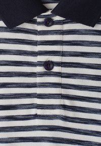 Polo à rayures horizontales bleu marine et blanc avec col bleu marine foncé et deux boutons bleu marine sur la patte de boutonnage avant.