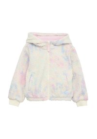 Pastellfarbener Fleece-Hoodie mit weicher Textur, ausgestattet mit einem Reißverschluss, Fronttaschen und einer kuscheligen Kapuze. Akzentuiert mit einem hellrosa Futter.
