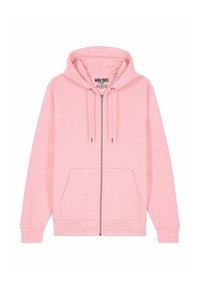 Felpa rosa con cerniera in morbido tessuto, dotata di cappuccio, due tasche frontali e dettagli con lacci. Etichetta del marchio visibile all'interno.