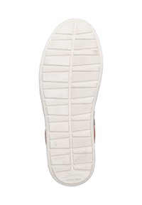 Rubber sneaker sole with a pattern of horizontal and vertical lines. Textured grip surface. Logo stamped on the heel. Color: white.