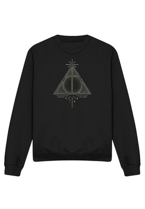 Black sweatshirt featuring a gray Deathly Hallows symbol with a central circle, triangle, and vertical line, and text "Deathly Hallows" below.