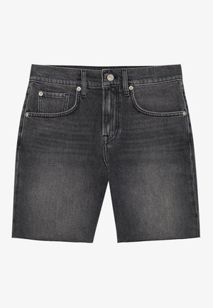 Black denim shorts with a straight cut, featuring five pockets, metal hardware, and subtle fading for a textured appearance.