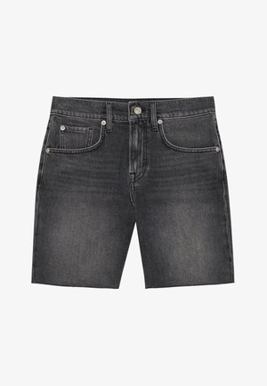 Black denim shorts with a straight cut, featuring five pockets, metal hardware, and subtle fading for a textured appearance.