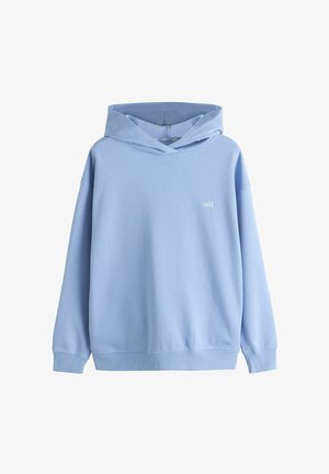 Hellblauer Kapuzenpullover mit langen Ärmeln und kleinem weißem "self."-Schriftzug auf der linken Brust, keine sichtbaren Verschlüsse oder Taschen.