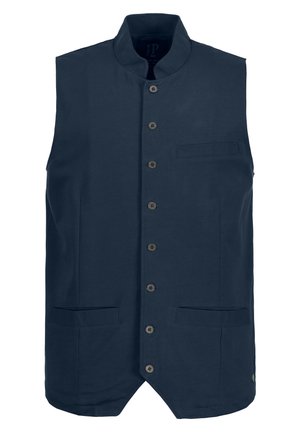 Sleeveless navy vest made of fabric with a smooth texture. Features a high collar, button front, and two front pockets.