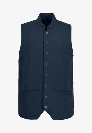 Chaleco sin mangas de color marino, hecho de un tejido con una textura suave. Presenta un cuello alto, cierre de botones en la parte delantera y dos bolsillos frontales.