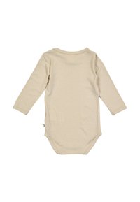 Body per neonati a maniche lunghe in morbido tessuto ribbed color beige chiaro. Collo rotondo, chiusura a scatto sul fondo e texture soffice.