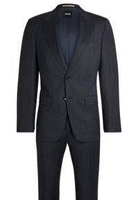 Dark gray two-piece suit featuring a notch lapel, single button closure, two front pockets, and subtle pinstripe texture. Lined interior.