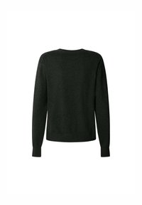 Pull en maille vert foncé à manches longues avec poignets et ourlet côtelés, montré de dos sur fond blanc.