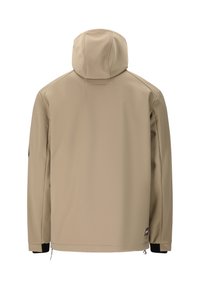 Veste à capuche beige avec des manches longues, des poignets ajustables et un petit logo noir près de l'ourlet inférieur sur un fond blanc.
