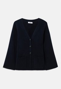 Svart knapp-up cardigan med V-hals och två framfickor, långa ärmar, samt ribbat nederkant och ärmslut.