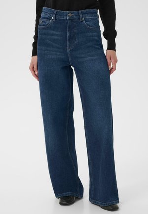 High-waisted wide-leg jeans in dark blue denim, featuring five pockets, visible seams, and a front button closure. Suitable for casual wear.