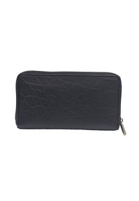 Portefeuille noir avec fermeture éclair, en matériau texturé, de forme rectangulaire, et avec un zip métallique. Idéal pour le rangement de cartes et de billets.