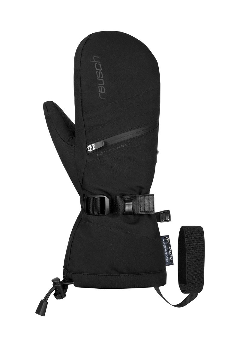 Black softshell mitten with a zipper pocket, adjustable strap, and textured detailing. Features a waterproof label and a wrist strap.