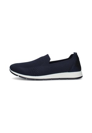 Sneaker slip-on blu navy con tomaia in maglia strutturata, intersuola bianca e suola nera, progettata per uso casual.