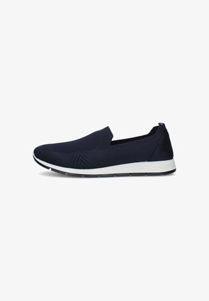 Sneaker slip-on blu navy con tomaia in maglia strutturata, intersuola bianca e suola nera, progettata per uso casual.