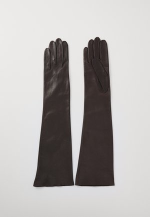 Brune læderhandsker med et strømlinet design, forlænget pasform og fem fingre. Glat tekstur med en subtil glans og ingen synlig hardware.