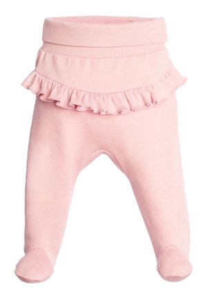 Miękkie różowe legginsy dziecięce z osłonami na stopy i falbanką wokół talii.