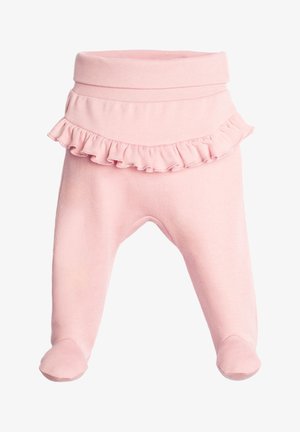 Miękkie różowe legginsy dziecięce z osłonami na stopy i falbanką wokół talii.