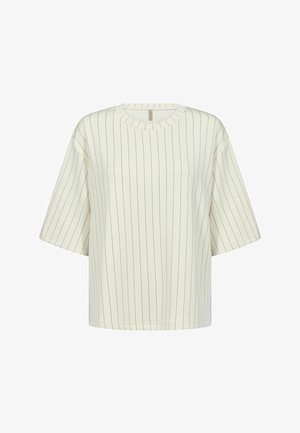 Tricou scurt, crem, cu mâneci scurte, cu dungi verticale negre, guler rotund, croială lejeră și textură moale. Proiectat pentru confort și purtare casuală.