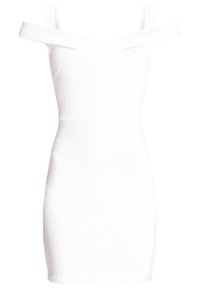 Bílá off-shoulder bodycon šaty s žebrovanou texturou, přiléhavým střihem a tenkými ramínky. Hladká látka s minimálními detaily.