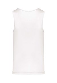 Weißes ärmelloses Tanktop aus glattem Stoff, mit klassischem Schnitt, weicher Textur und minimalen Nähten entlang der Kanten.