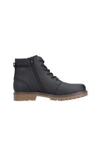 Botas de cuero negras hasta el tobillo con puntera redonda, cierre de cordones en la parte delantera, cremallera lateral y suela de goma marrón que presenta un patrón de textura.