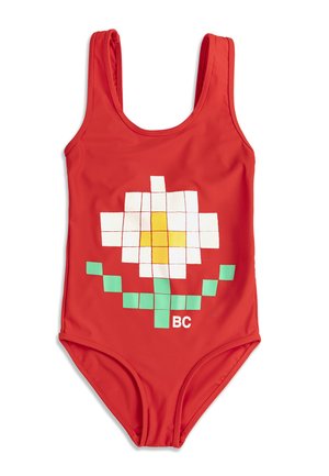 Costume intero rosso con grafica a fiore pixelato bianco e giallo con stelo verde al centro sul davanti, con piccolo testo "BC" sotto.