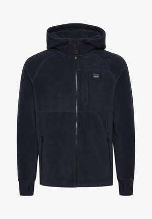 Marineblauer Fleece-Hoodie mit einem vorderen Reißverschluss, einer Kapuze mit Kordelzug und Reißverschlusstaschen. Verfügt über elastische Bündchen und ein kleines Logopatch auf der Brust.