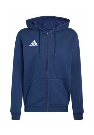 Sweat à capuche zippé bleu marine avec poches avant, cordon de serrage à la capuche et logo Adidas blanc sur la poitrine gauche.