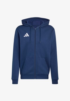 Sweat à capuche zippé bleu marine avec poches avant, cordon de serrage à la capuche et logo Adidas blanc sur la poitrine gauche.
