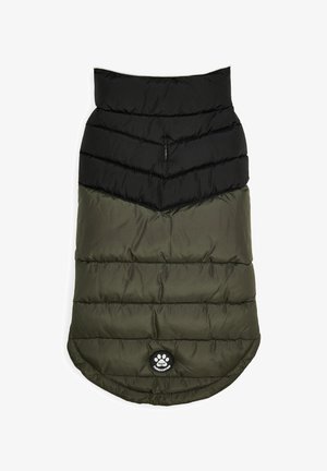 Gevoerde hondenjas met een zwart bovenstuk en een olijfgroen onderstuk. Heeft een ronde zoom en een pootafdruklogo op de achterkant.