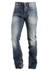 Ljusblå denimjeans med rak passform, med blekta områden, standard femfickdesign och dragkedja med knäppning.