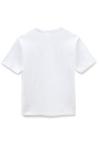 T-shirt bianco in cotone, collo rotondo, maniche corte, texture liscia, orlo dritto, senza grafiche né motivi, progettato per un abbigliamento casual.